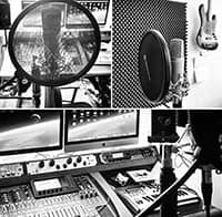 Aufnahmestudio mit Mischpult und Popfilter