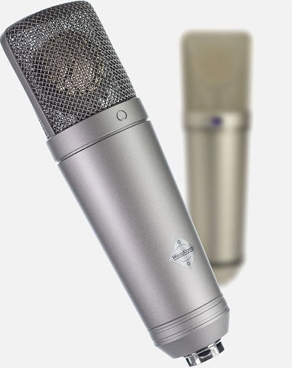 WeissKlang V13 in front of a blurred German multi-pattern comparison microphone